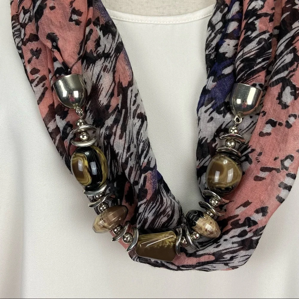 Infinity Scarf Pink Black Leopard Print Chiffon with Beads